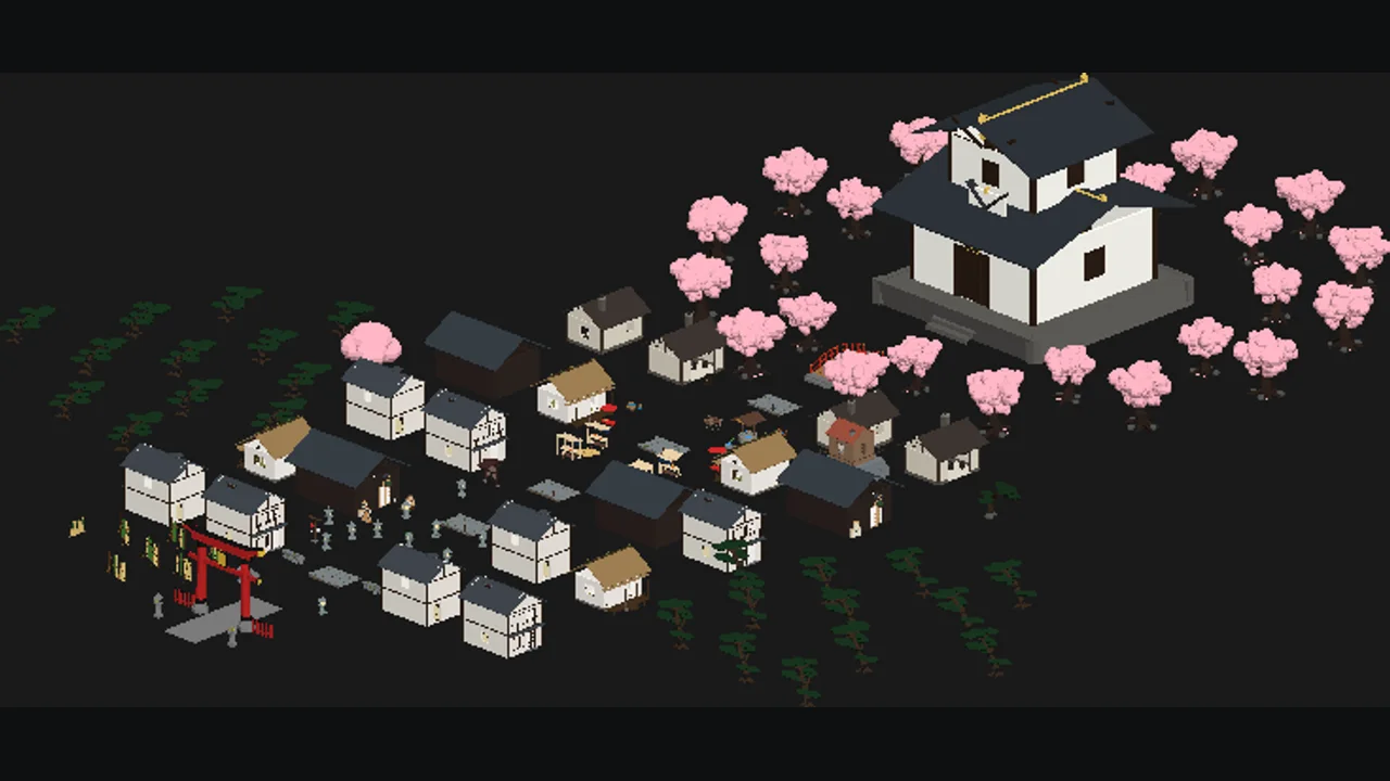 Edo Castle Town — a Kiln-composed Japanese castle town with cherry blossoms and a torii gate